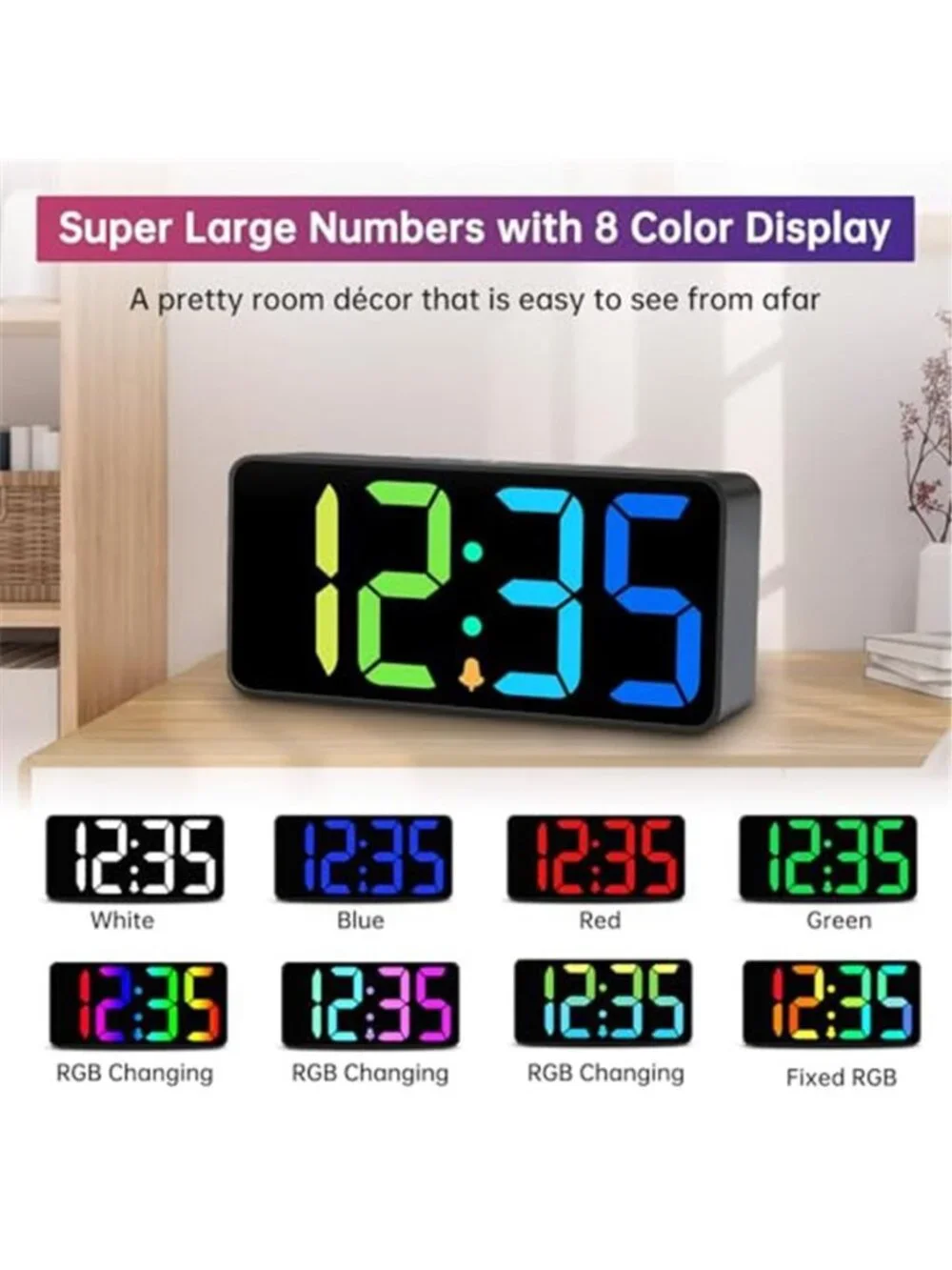 Digital Alarm Clock Large Display Big Numbers RGB Dimmable Loud USB Clock